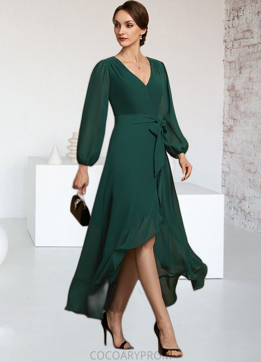 Sabrina A-Line V-neck Asymmetrical Chiffon Mother of the Bride Dress With Bow(s) Cascading Ruffles DA8126P0014909