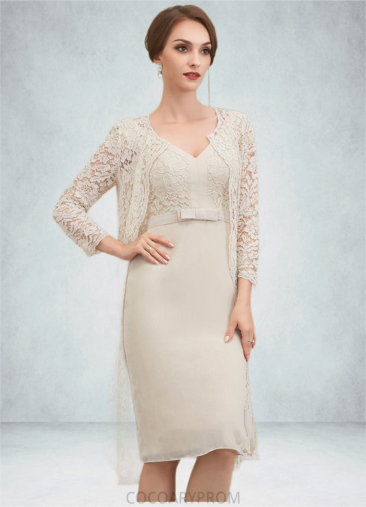 Rosa Sheath/Column V-neck Knee-Length Chiffon Lace Mother of the Bride Dress With Bow(s) DA8126P0014924