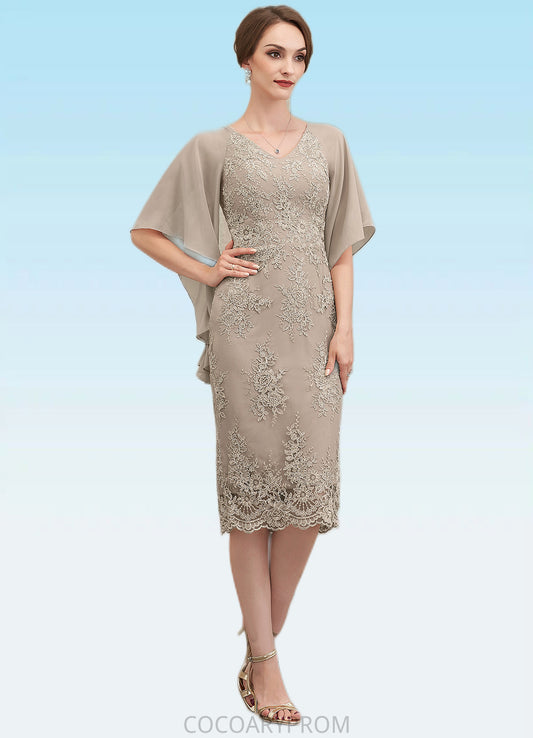 Peyton Sheath/Column V-neck Knee-Length Chiffon Lace Mother of the Bride Dress With Cascading Ruffles DA8126P0014925