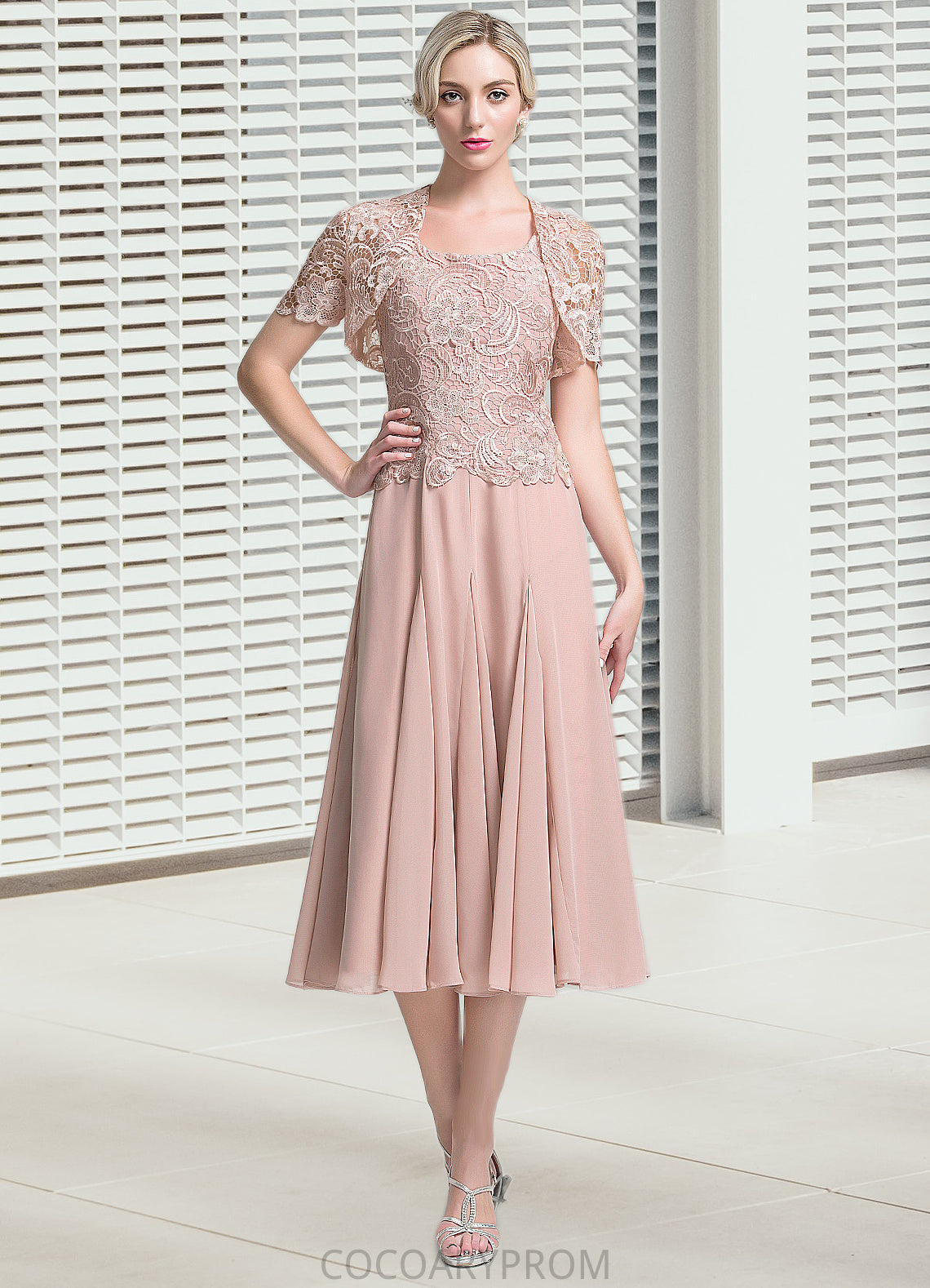 Angeline A-Line Square Neckline Tea-Length Chiffon Mother of the Bride Dress DA8126P0014947