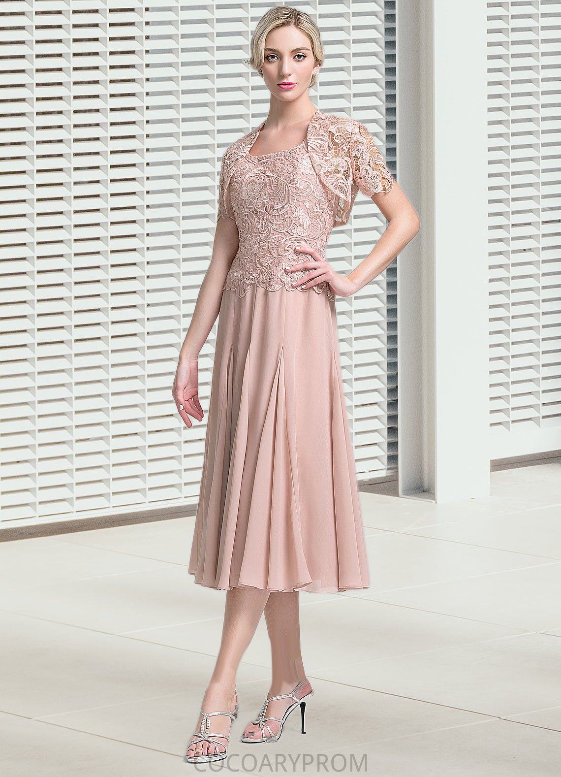 Angeline A-Line Square Neckline Tea-Length Chiffon Mother of the Bride Dress DA8126P0014947