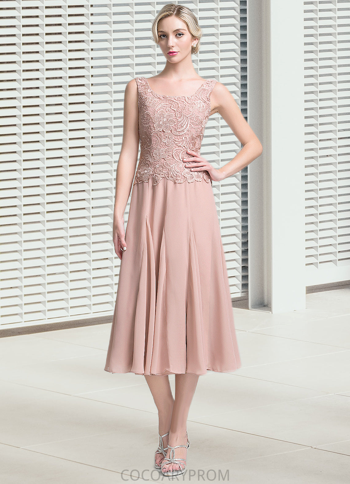 Angeline A-Line Square Neckline Tea-Length Chiffon Mother of the Bride Dress DA8126P0014947