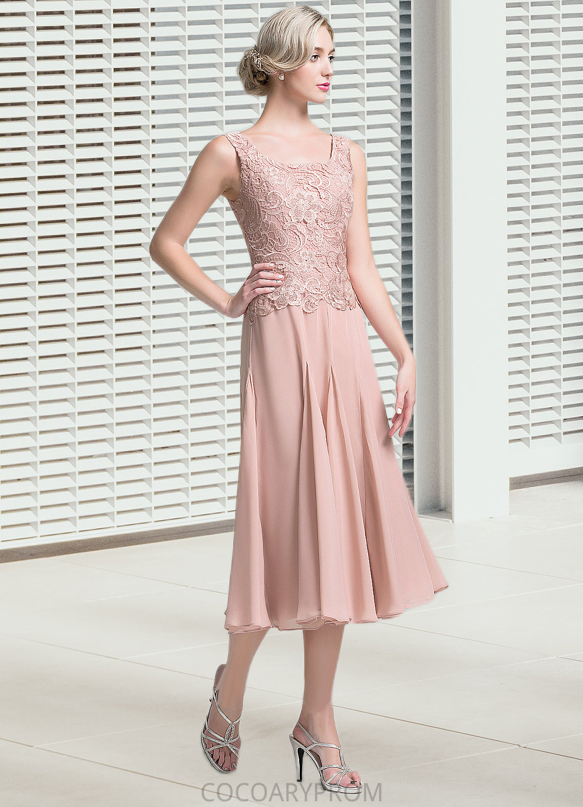 Angeline A-Line Square Neckline Tea-Length Chiffon Mother of the Bride Dress DA8126P0014947