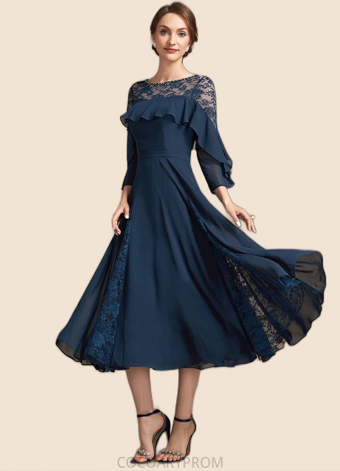 Jade A-Line Scoop Neck Tea-Length Chiffon Lace Mother of the Bride Dress With Beading Cascading Ruffles DA8126P0014952