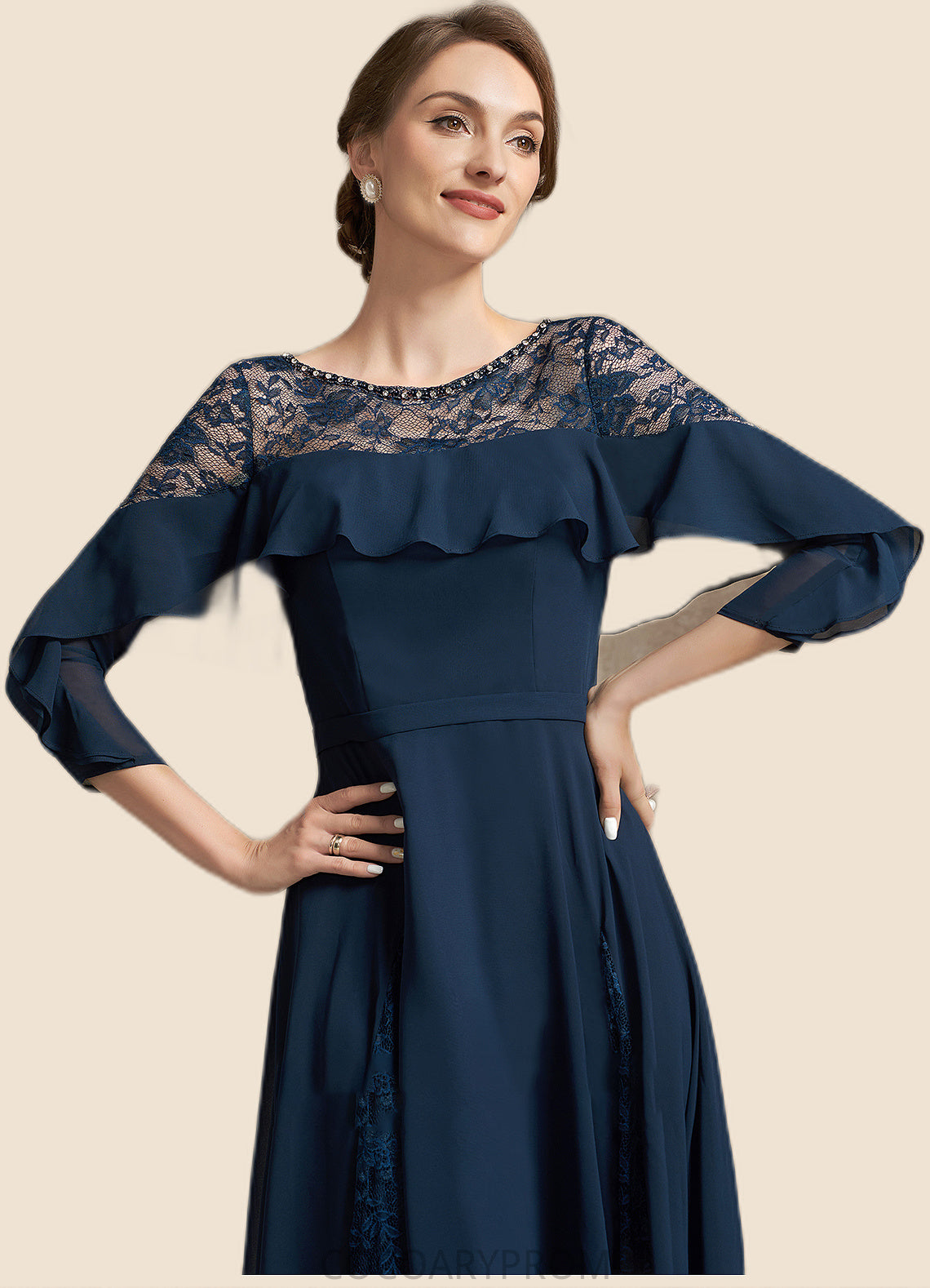 Jade A-Line Scoop Neck Tea-Length Chiffon Lace Mother of the Bride Dress With Beading Cascading Ruffles DA8126P0014952