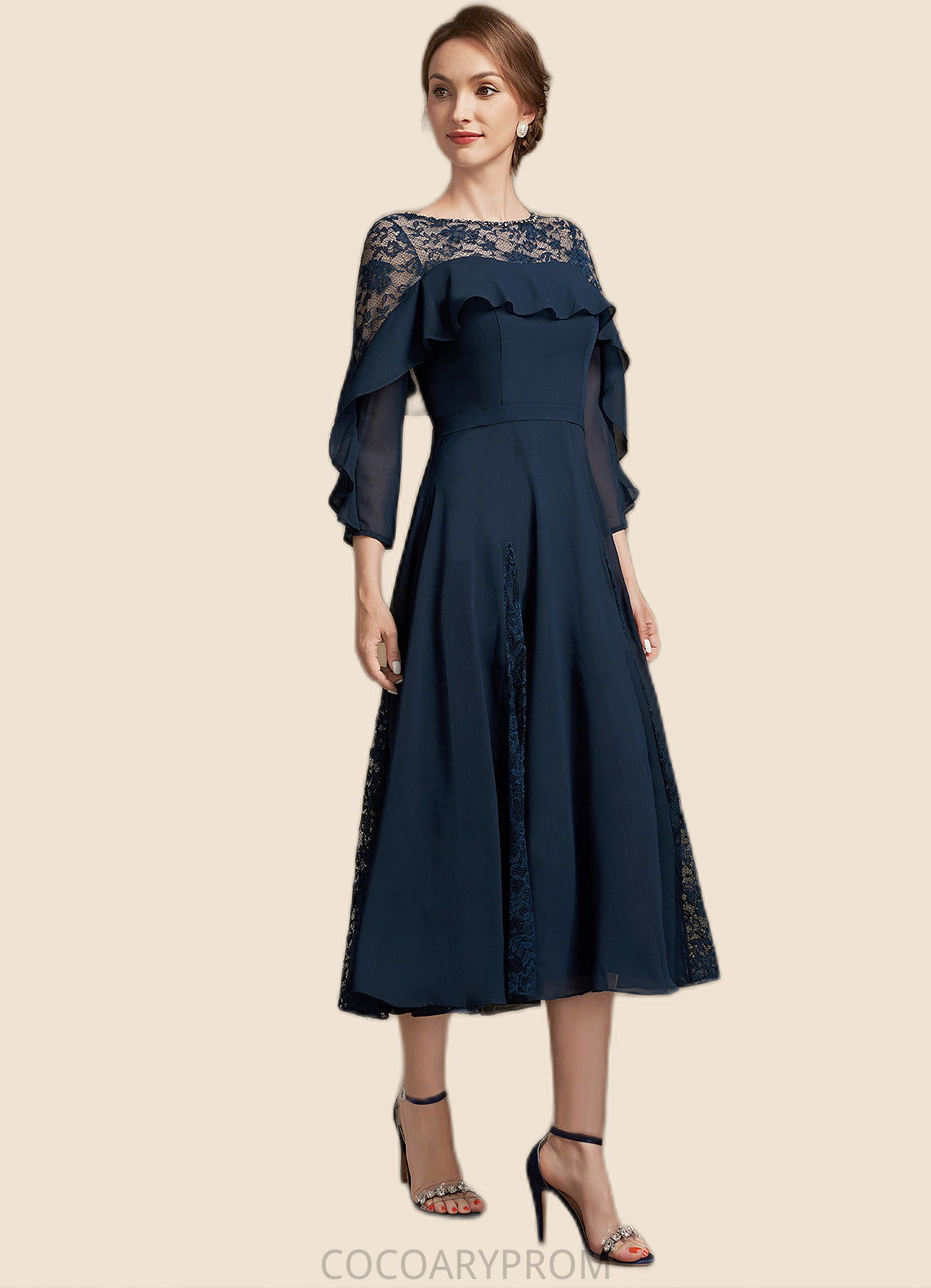 Jade A-Line Scoop Neck Tea-Length Chiffon Lace Mother of the Bride Dress With Beading Cascading Ruffles DA8126P0014952