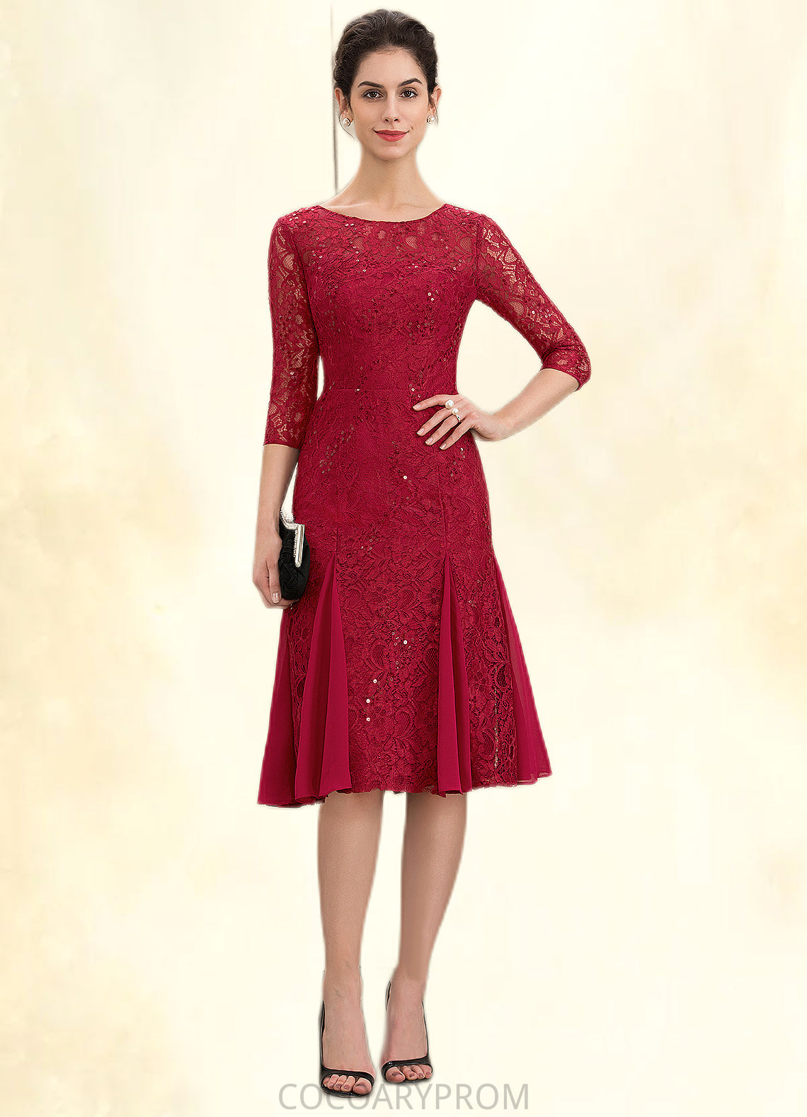 Yoselin A-Line Scoop Neck Knee-Length Lace Mother of the Bride Dress With Sequins DA8126P0014961