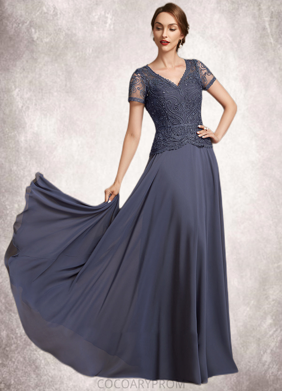 Pearl A-Line V-neck Floor-Length Chiffon Lace Mother of the Bride Dress With Sequins DA8126P0014964