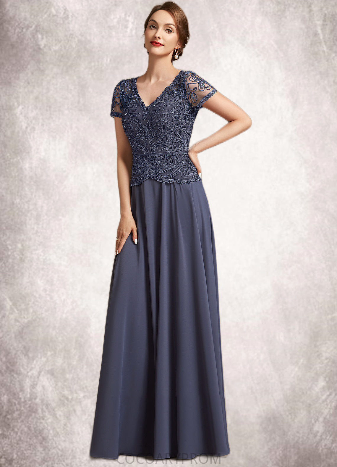 Pearl A-Line V-neck Floor-Length Chiffon Lace Mother of the Bride Dress With Sequins DA8126P0014964