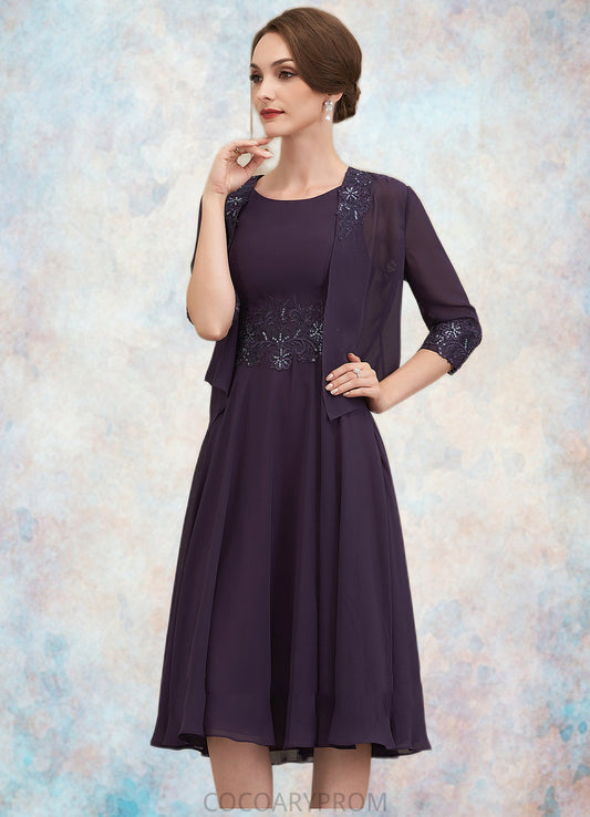 Emilia A-Line Scoop Neck Knee-Length Chiffon Lace Mother of the Bride Dress With Sequins DA8126P0014968