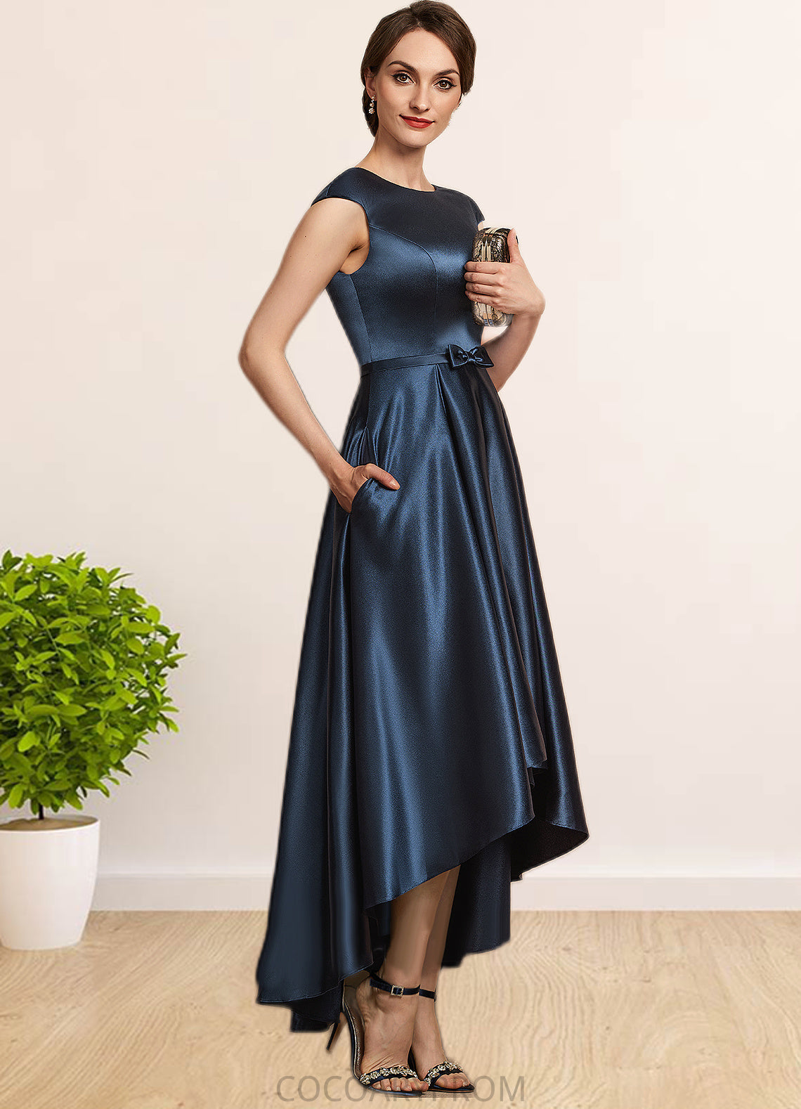 Martina A-Line Scoop Neck Asymmetrical Satin Mother of the Bride Dress With Bow(s) Pockets DA8126P0014976