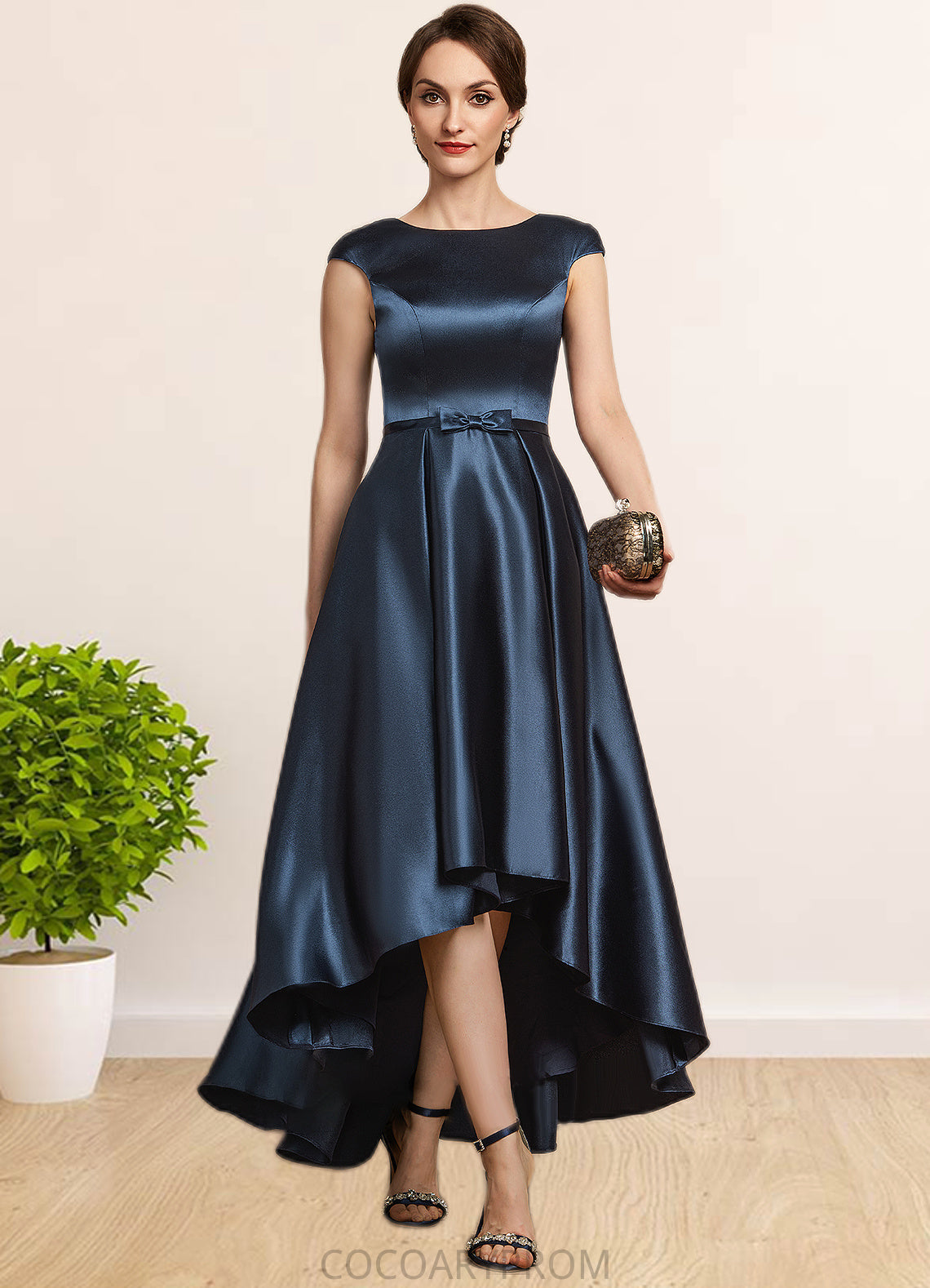 Martina A-Line Scoop Neck Asymmetrical Satin Mother of the Bride Dress With Bow(s) Pockets DA8126P0014976