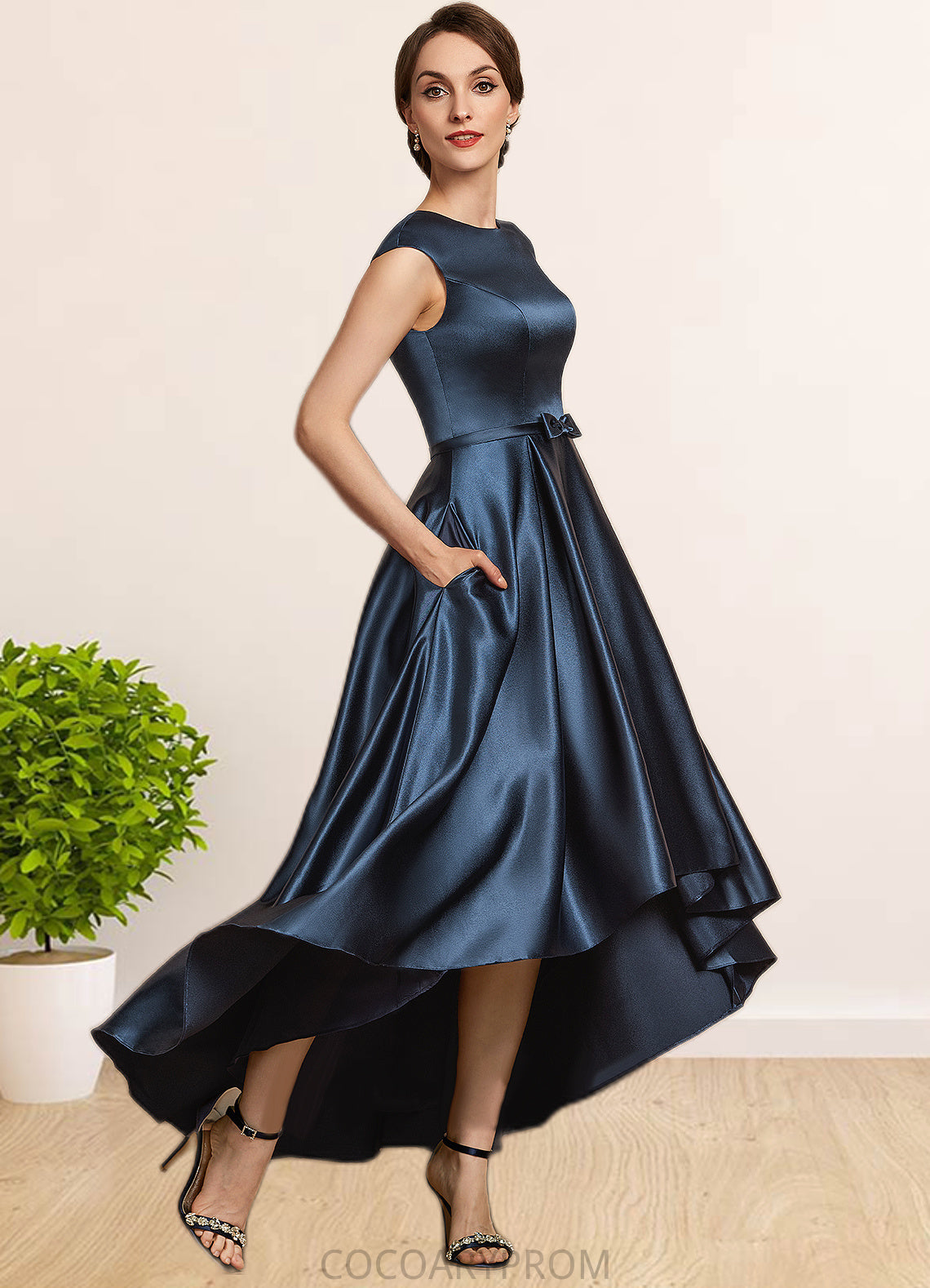 Martina A-Line Scoop Neck Asymmetrical Satin Mother of the Bride Dress With Bow(s) Pockets DA8126P0014976