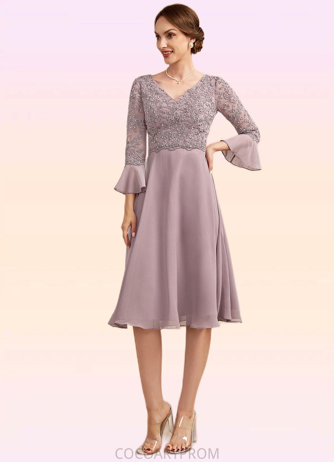 Julia A-Line V-neck Knee-Length Chiffon Lace Mother of the Bride Dress With Sequins Cascading Ruffles DA8126P0014977