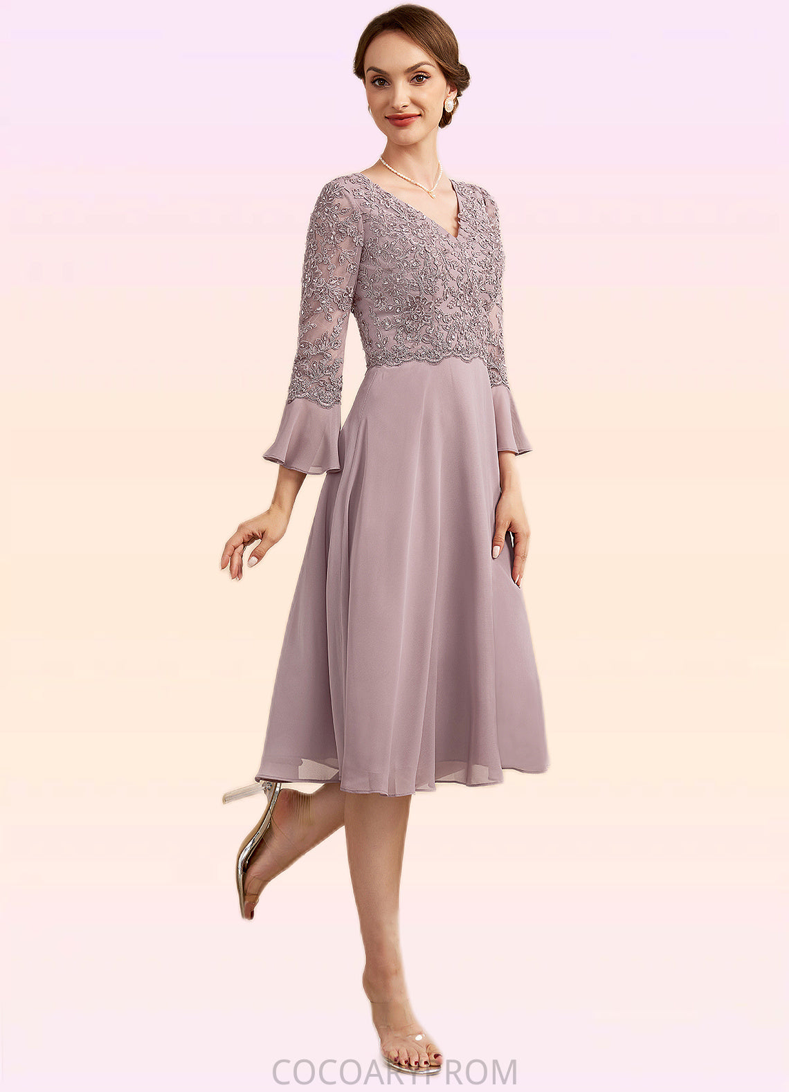 Julia A-Line V-neck Knee-Length Chiffon Lace Mother of the Bride Dress With Sequins Cascading Ruffles DA8126P0014977