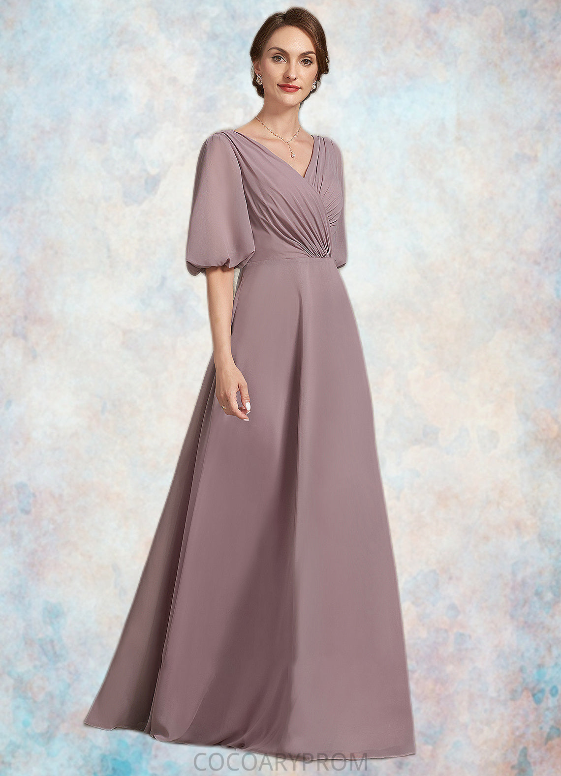 Ashlee A-Line V-neck Floor-Length Chiffon Mother of the Bride Dress With Ruffle DA8126P0014992