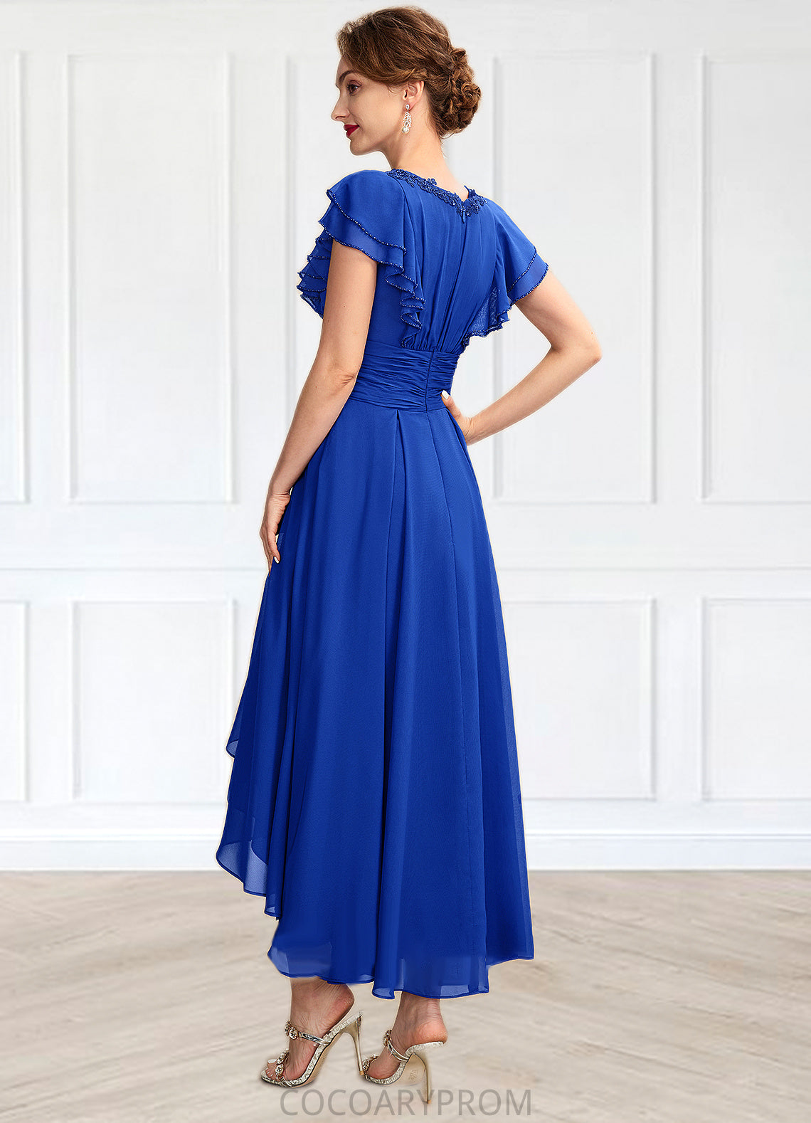 Michaelia A-Line V-neck Asymmetrical Chiffon Mother of the Bride Dress With Beading Appliques Lace Sequins Cascading Ruffles DA8126P0014994