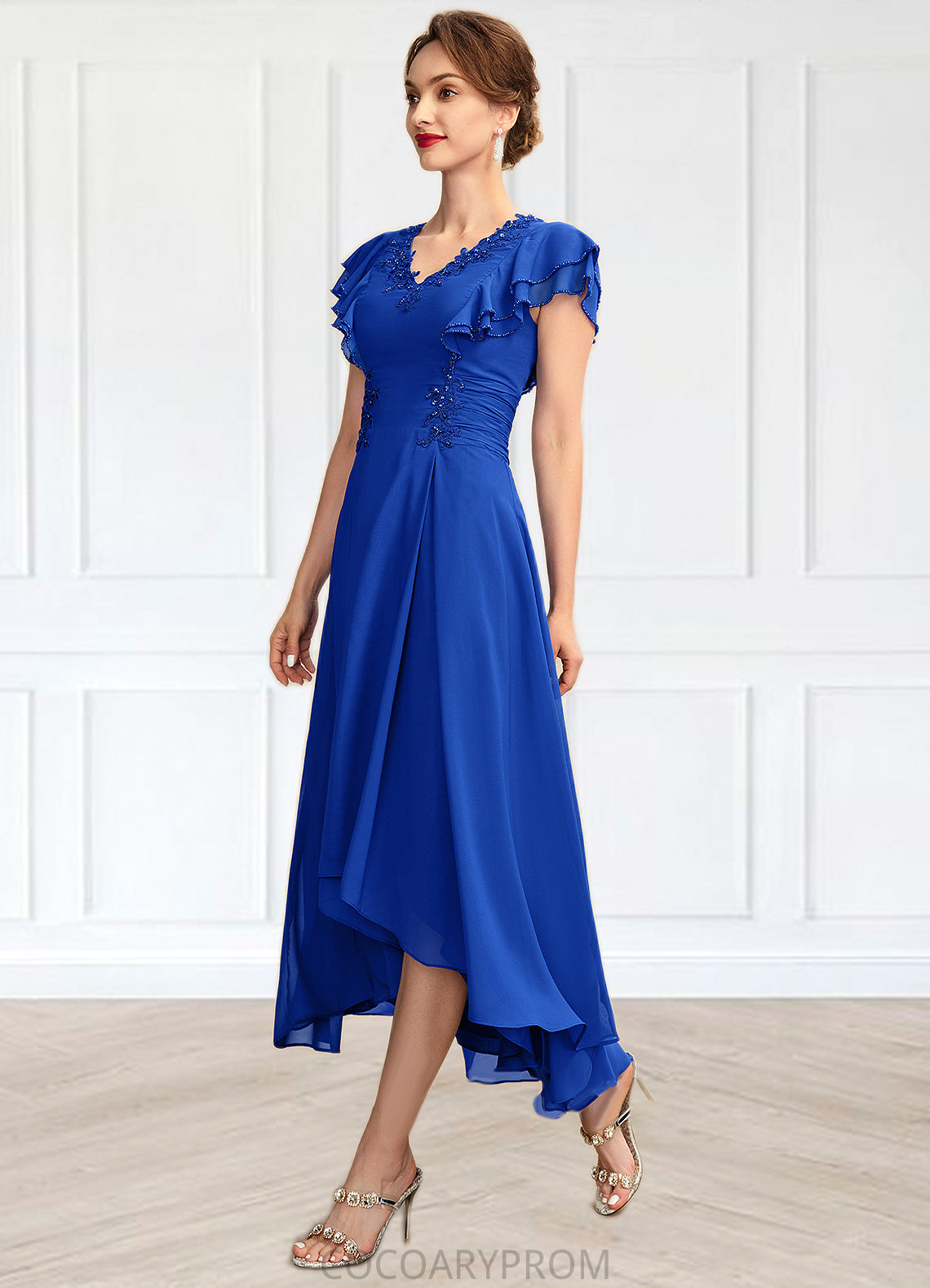 Michaelia A-Line V-neck Asymmetrical Chiffon Mother of the Bride Dress With Beading Appliques Lace Sequins Cascading Ruffles DA8126P0014994