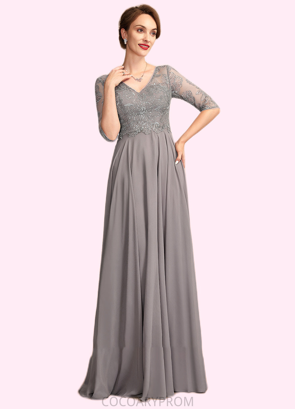 Helen A-Line V-neck Floor-Length Chiffon Lace Mother of the Bride Dress With Sequins DA8126P0014999