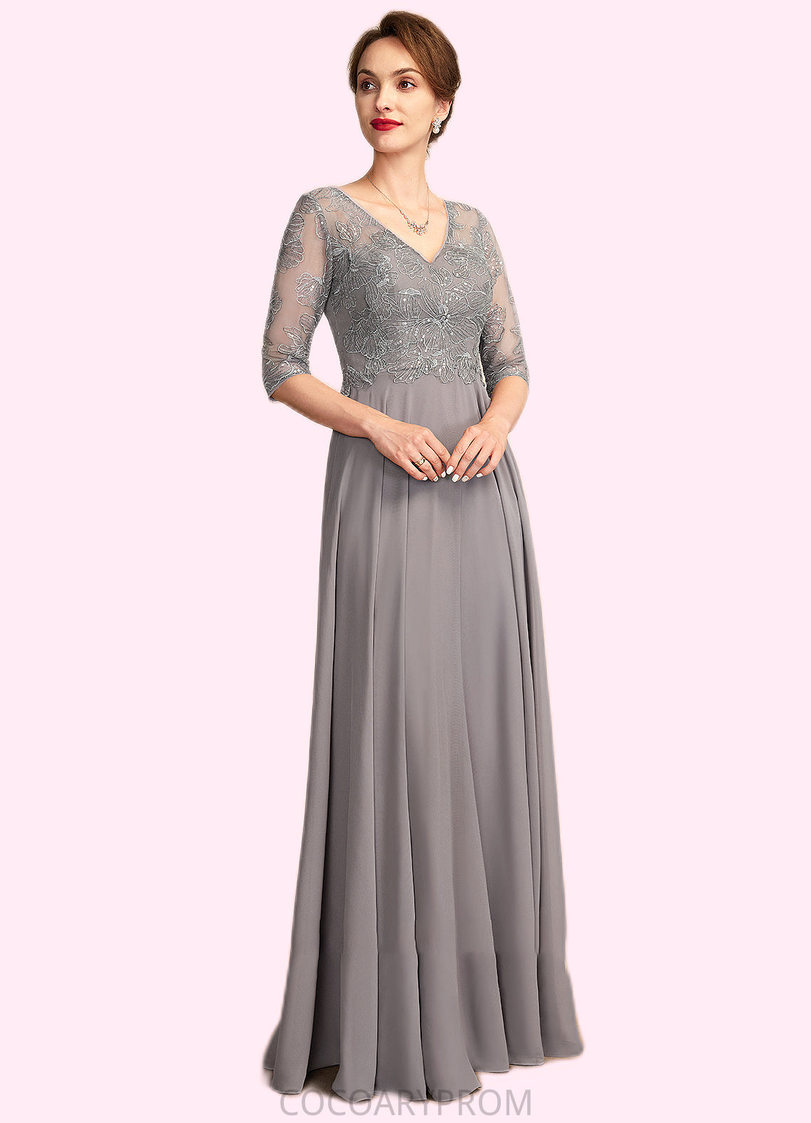 Helen A-Line V-neck Floor-Length Chiffon Lace Mother of the Bride Dress With Sequins DA8126P0014999