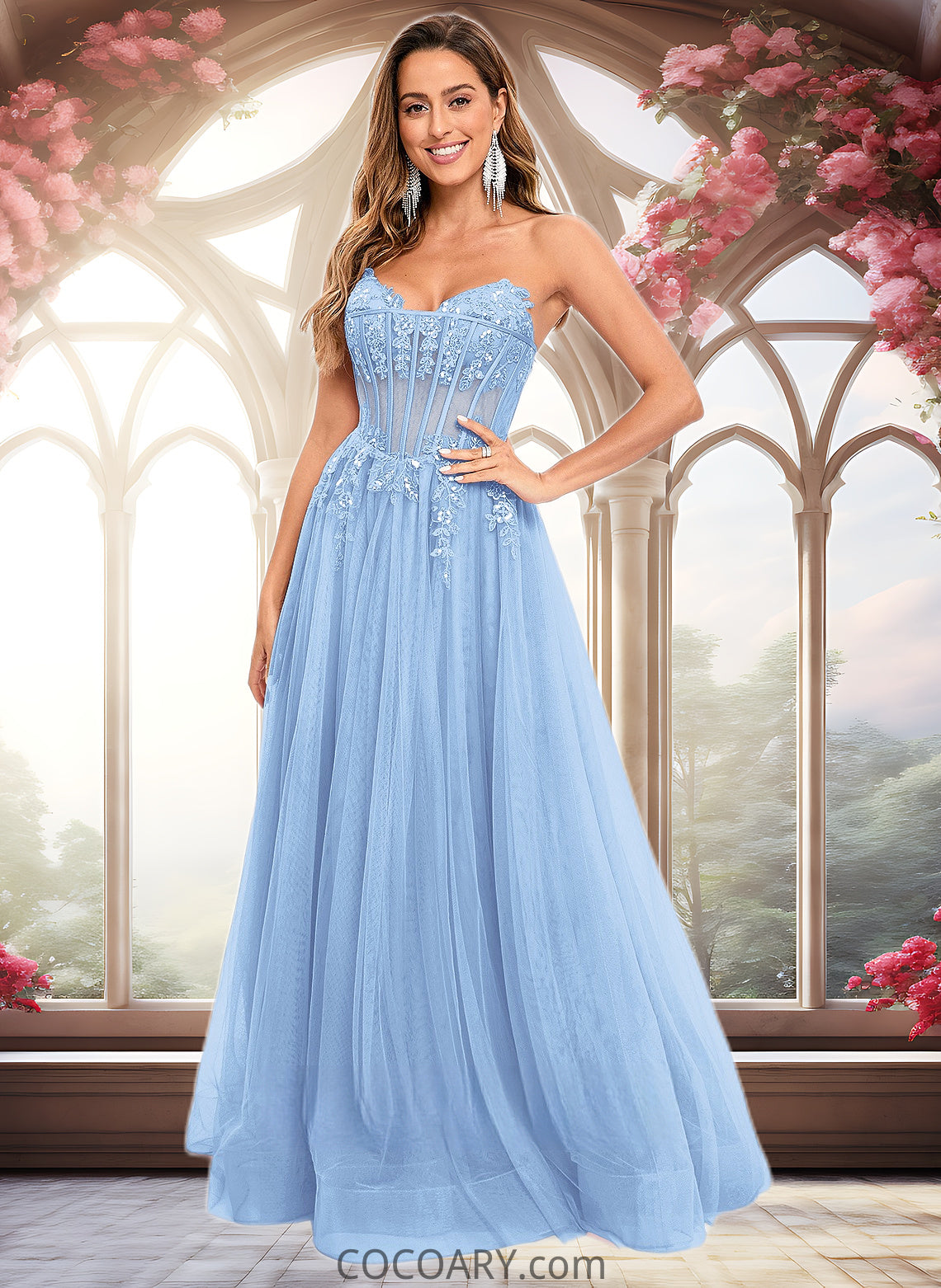 Charlize Ball-Gown/Princess V-Neck Floor-Length Tulle Prom Dresses With Sequins Appliques Lace DA8P0025837