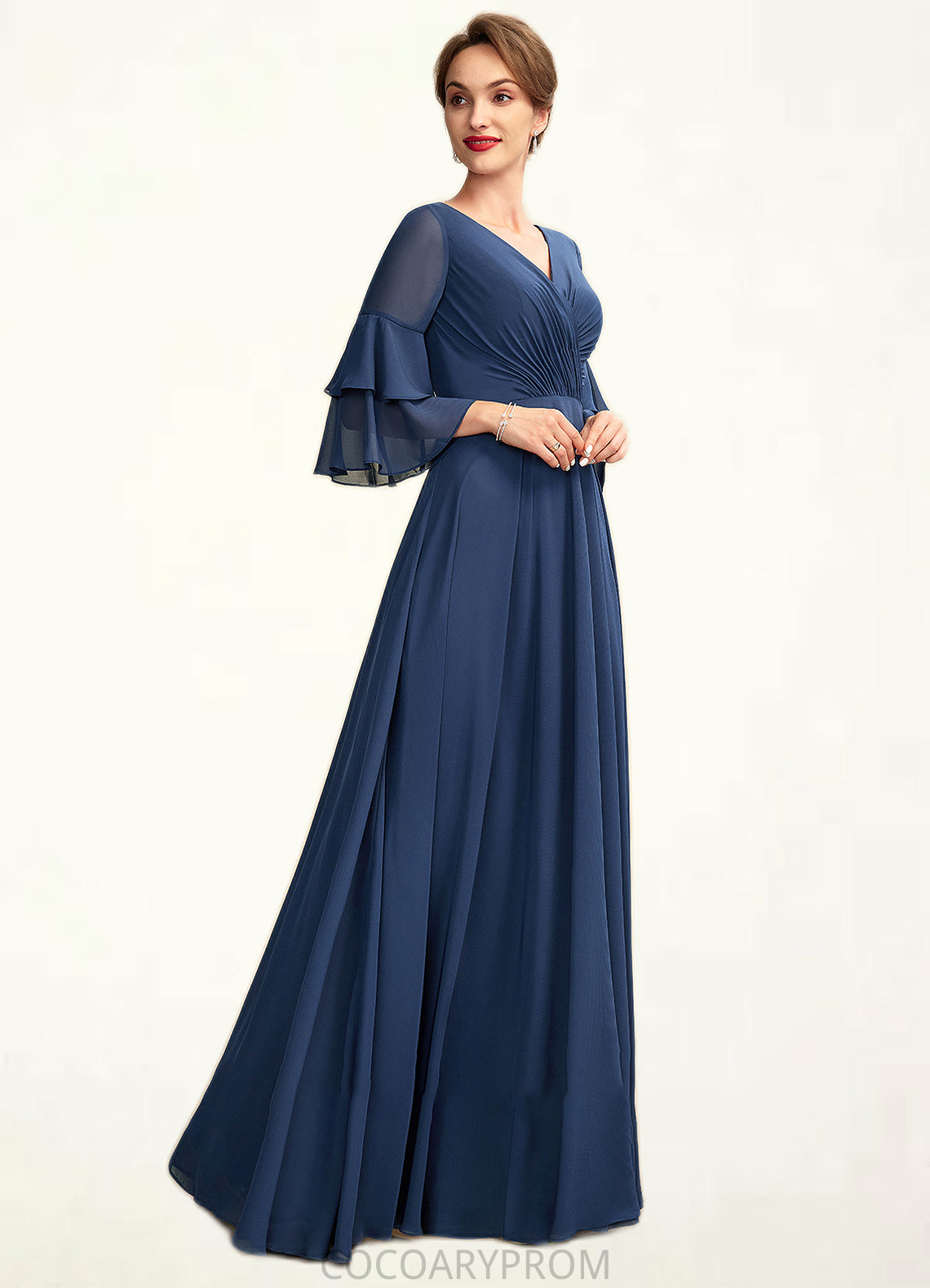 Katrina A-Line V-neck Floor-Length Chiffon Mother of the Bride Dress With Cascading Ruffles DA8126P0015003