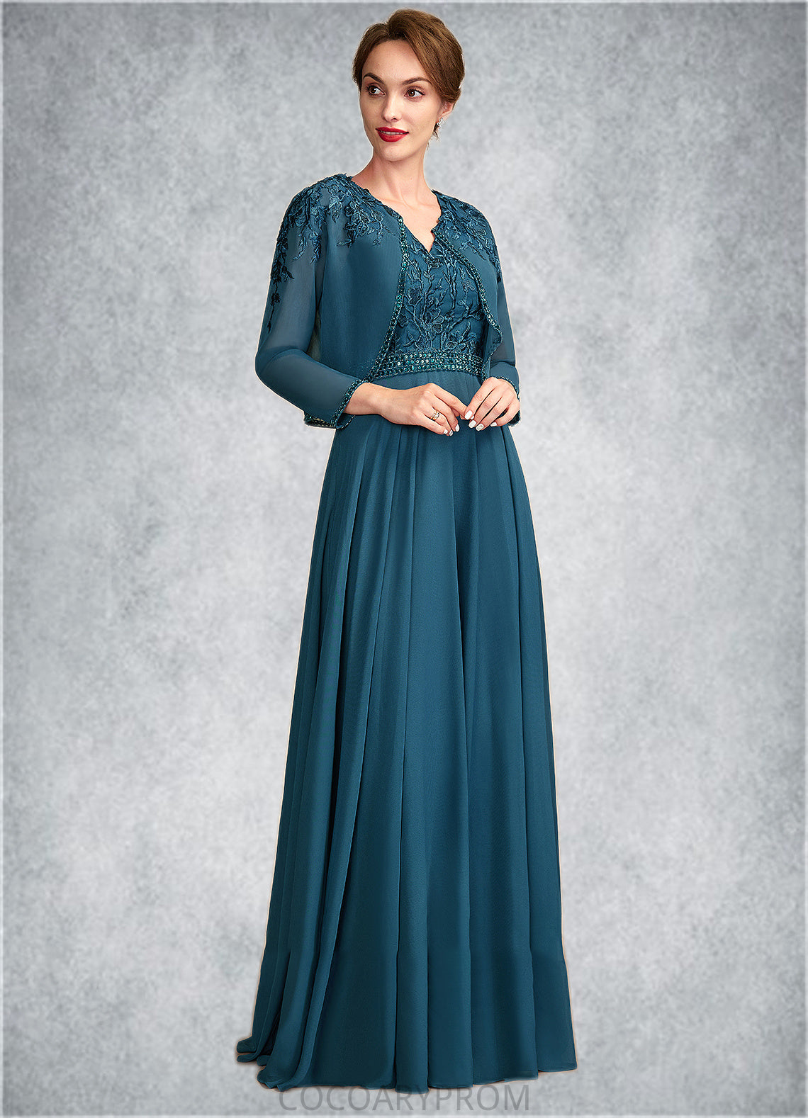 Lila A-Line V-neck Floor-Length Chiffon Lace Mother of the Bride Dress With Beading Sequins DA8126P0015004