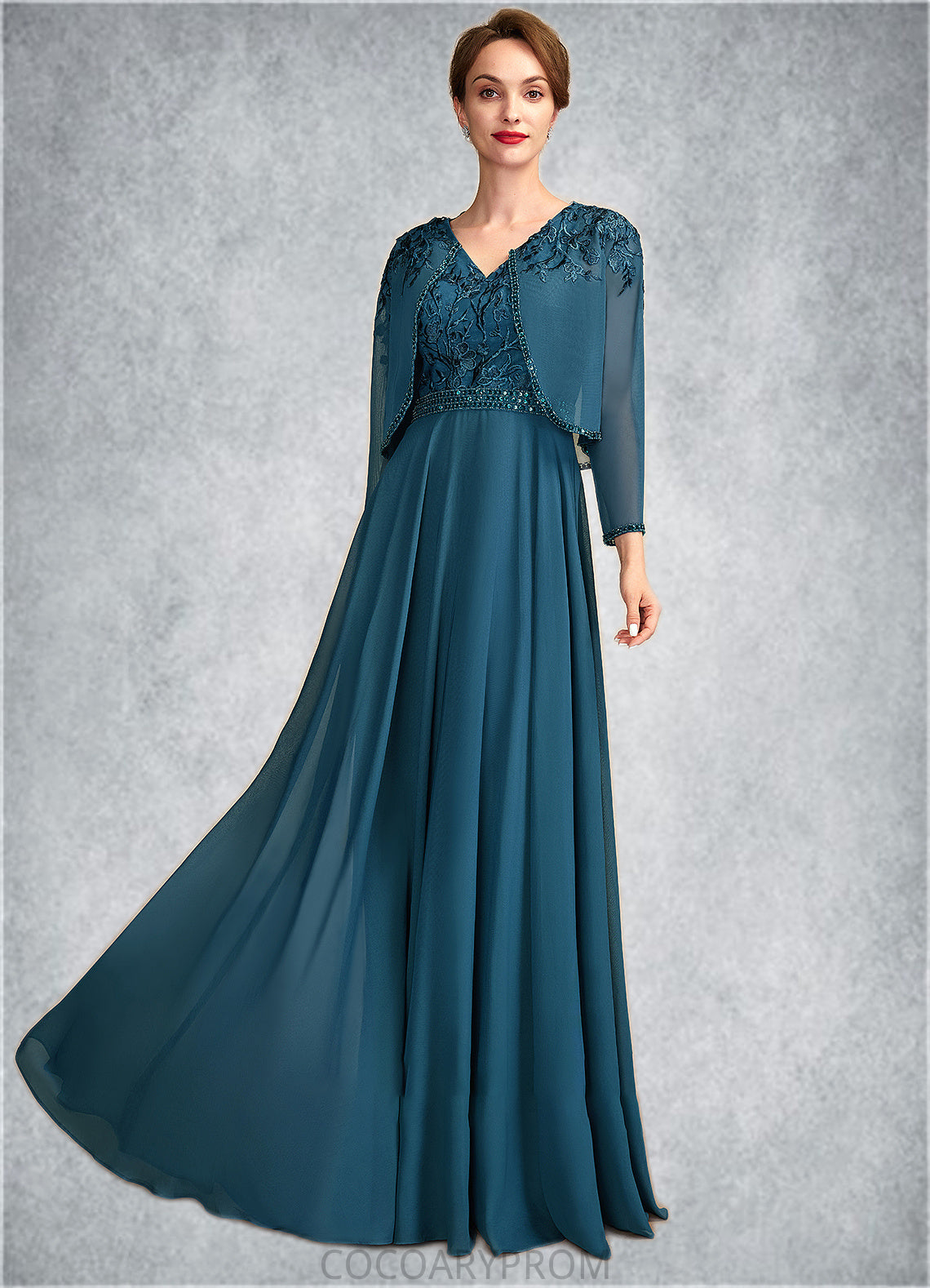 Lila A-Line V-neck Floor-Length Chiffon Lace Mother of the Bride Dress With Beading Sequins DA8126P0015004