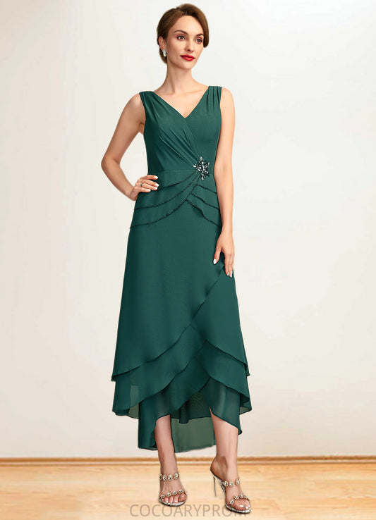 Setlla A-Line V-neck Asymmetrical Chiffon Mother of the Bride Dress With Beading Sequins Cascading Ruffles DA8126P0015005