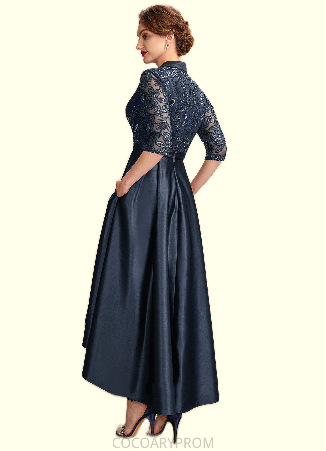 Marlee A-Line V-neck Asymmetrical Satin Lace Mother of the Bride Dress With Sequins Pockets DA8126P0015008