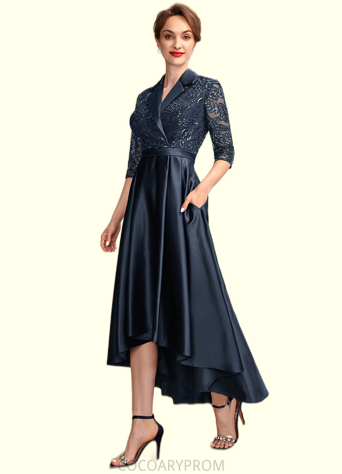 Marlee A-Line V-neck Asymmetrical Satin Lace Mother of the Bride Dress With Sequins Pockets DA8126P0015008