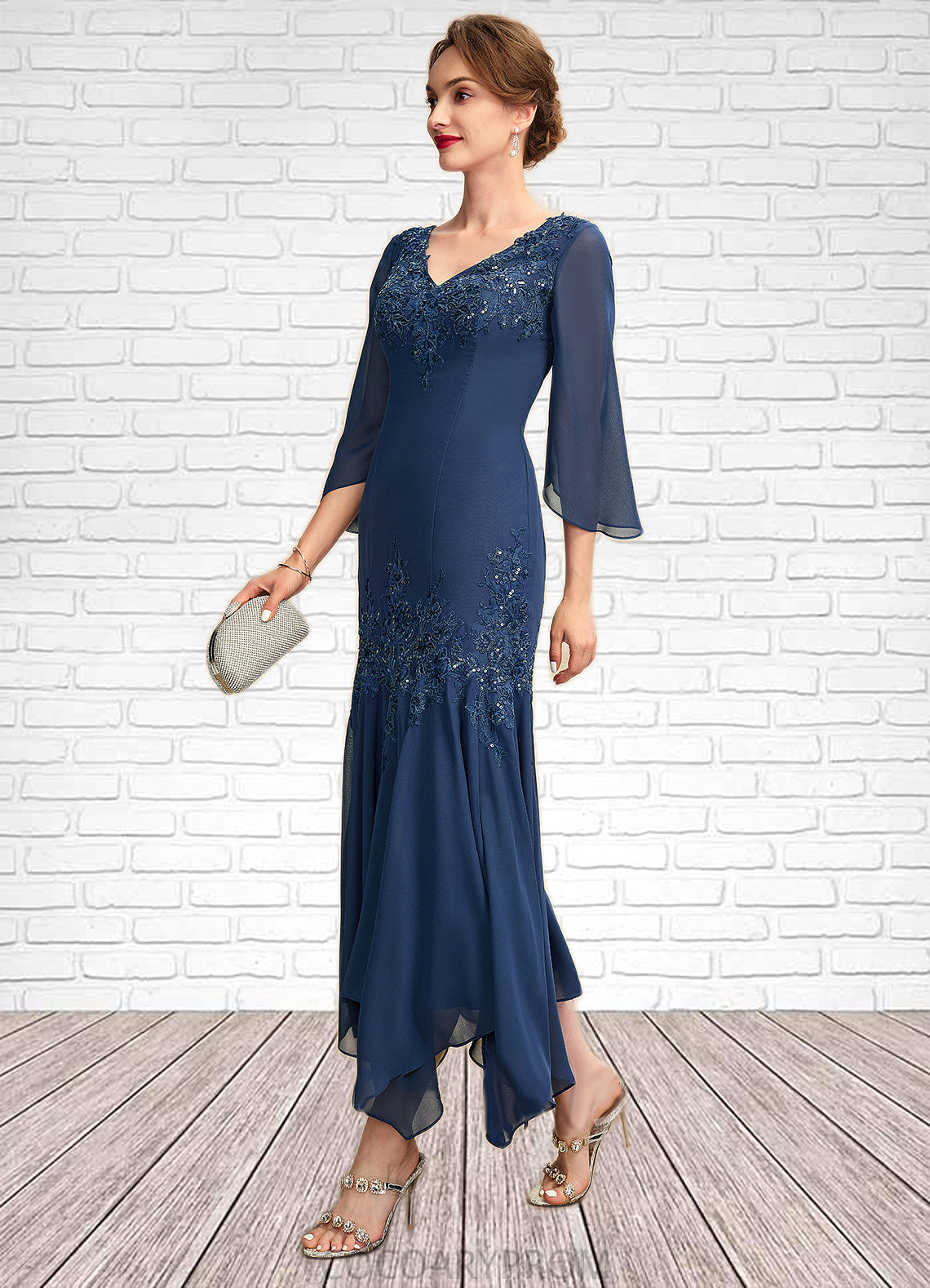 Jess Trumpet/Mermaid V-neck Ankle-Length Chiffon Mother of the Bride Dress With Appliques Lace Sequins DA8126P0015009