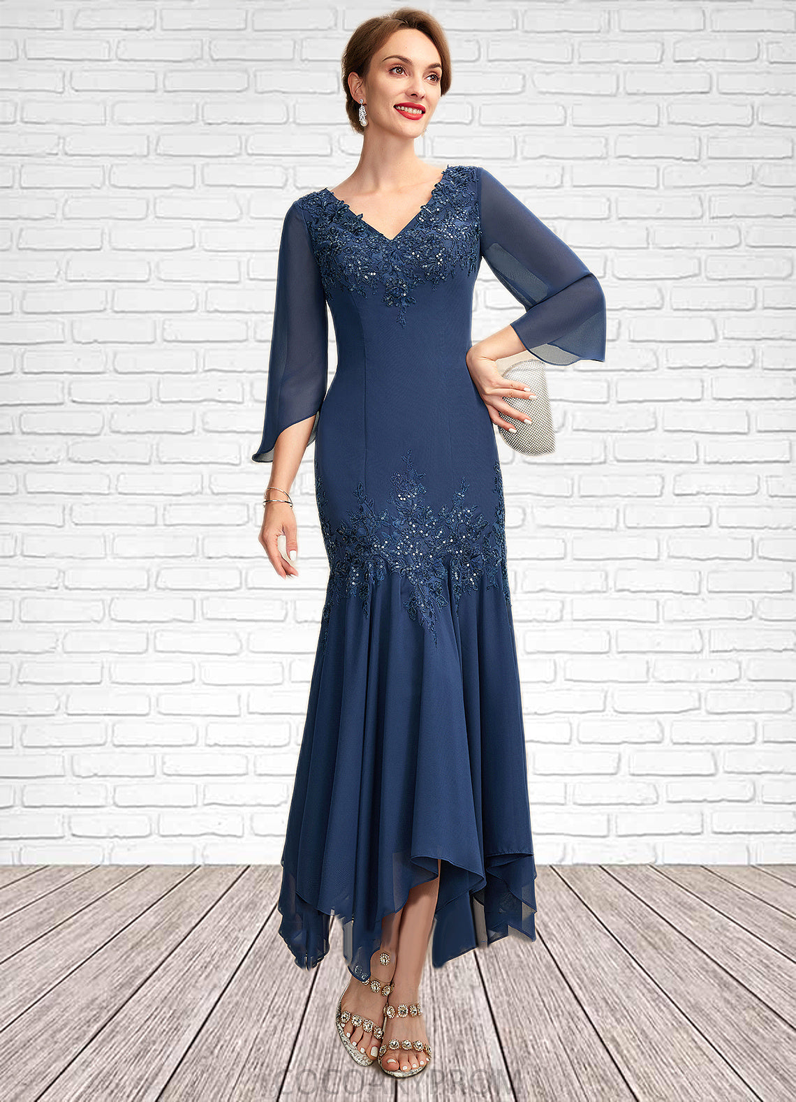 Jess Trumpet/Mermaid V-neck Ankle-Length Chiffon Mother of the Bride Dress With Appliques Lace Sequins DA8126P0015009