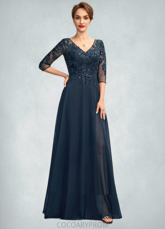 Robin A-Line V-neck Floor-Length Chiffon Lace Mother of the Bride Dress With Sequins Split Front DA8126P0015014