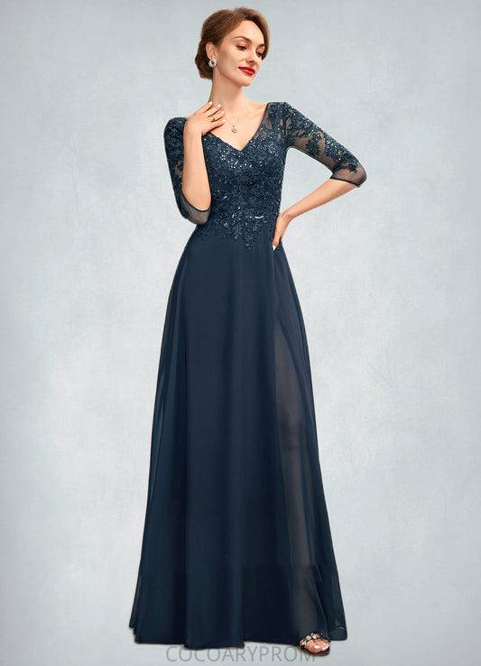 Robin A-Line V-neck Floor-Length Chiffon Lace Mother of the Bride Dress With Sequins Split Front DA8126P0015014