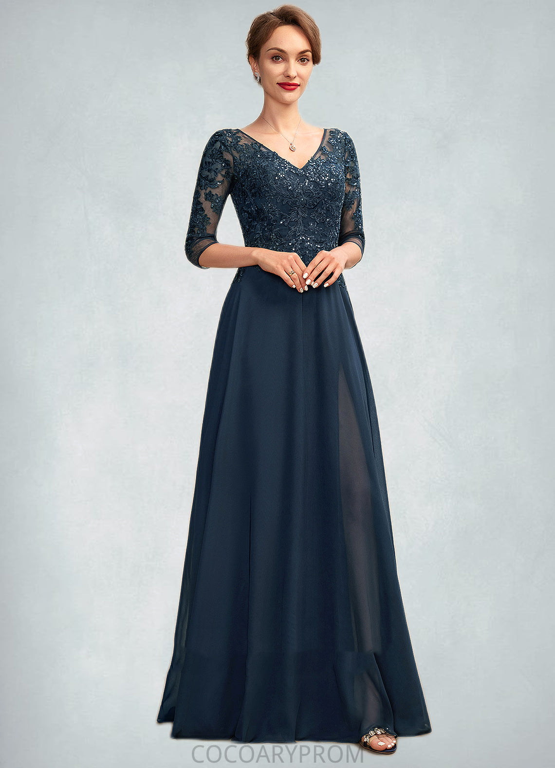 Robin A-Line V-neck Floor-Length Chiffon Lace Mother of the Bride Dress With Sequins Split Front DA8126P0015014