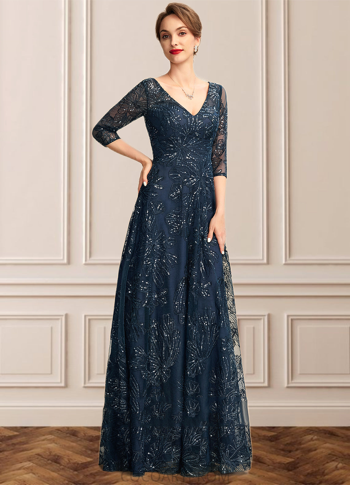 Undine A-Line V-neck Floor-Length Lace Mother of the Bride Dress With Sequins DA8126P0015015