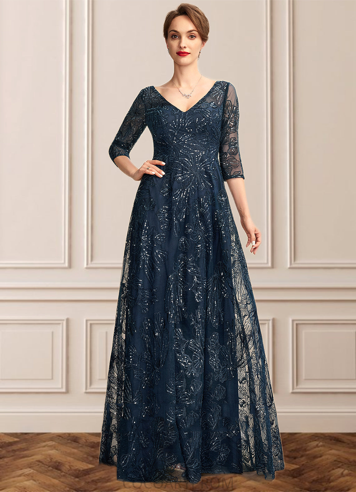 Undine A-Line V-neck Floor-Length Lace Mother of the Bride Dress With Sequins DA8126P0015015