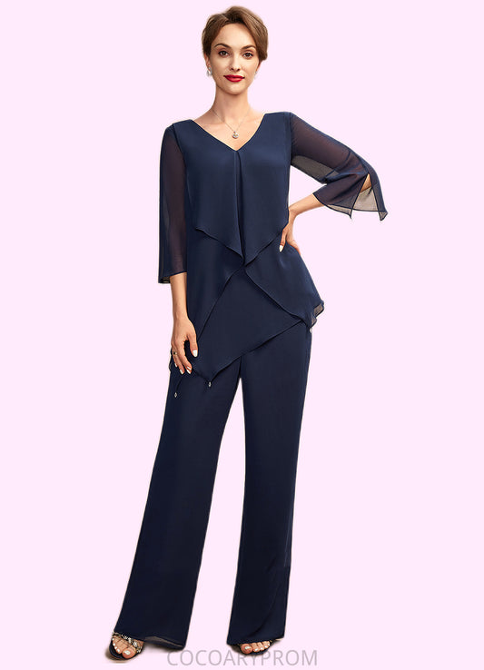 Janae Jumpsuit/Pantsuit V-neck Floor-Length Chiffon Mother of the Bride Dress With Cascading Ruffles DA8126P0015019