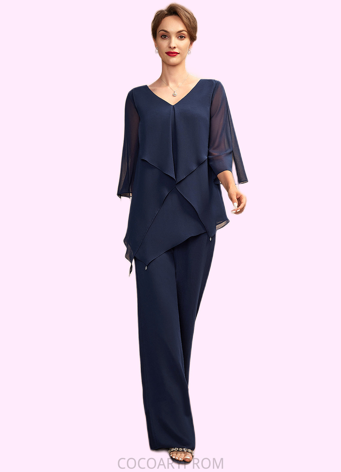 Janae Jumpsuit/Pantsuit V-neck Floor-Length Chiffon Mother of the Bride Dress With Cascading Ruffles DA8126P0015019