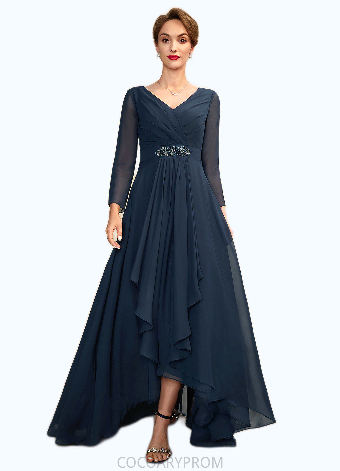 Nevaeh A-Line V-neck Asymmetrical Chiffon Mother of the Bride Dress With Ruffle Beading Bow(s) DA8126P0015021