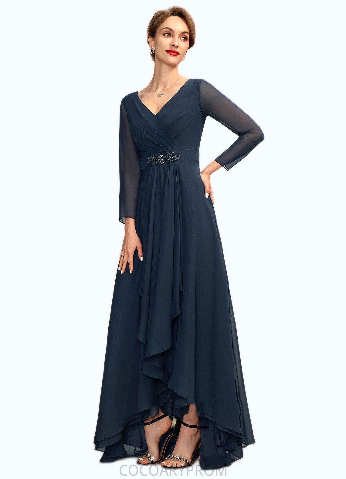 Nevaeh A-Line V-neck Asymmetrical Chiffon Mother of the Bride Dress With Ruffle Beading Bow(s) DA8126P0015021