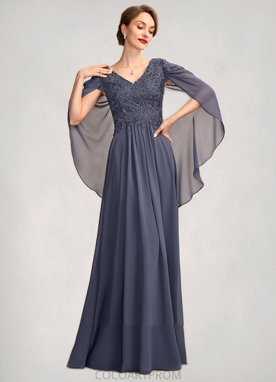 Rylee A-Line V-neck Floor-Length Chiffon Lace Mother of the Bride Dress With Beading Sequins DA8126P0015022