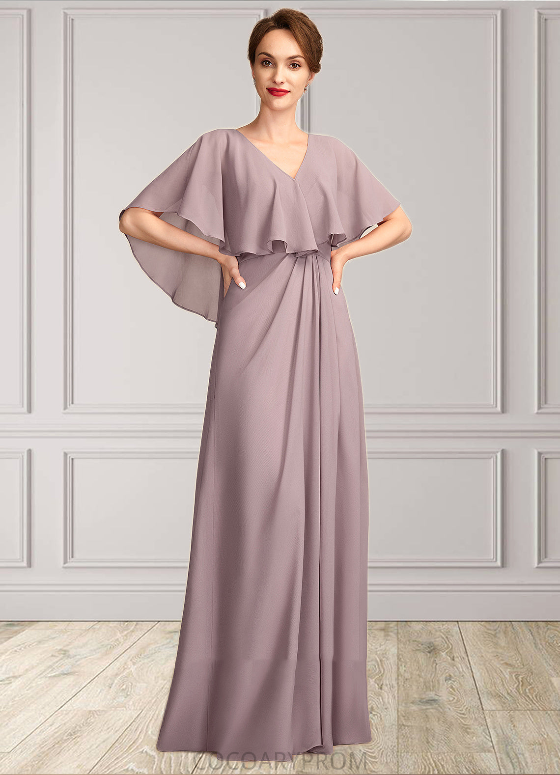 Lily A-Line V-neck Floor-Length Chiffon Mother of the Bride Dress With Ruffle DA8126P0015026