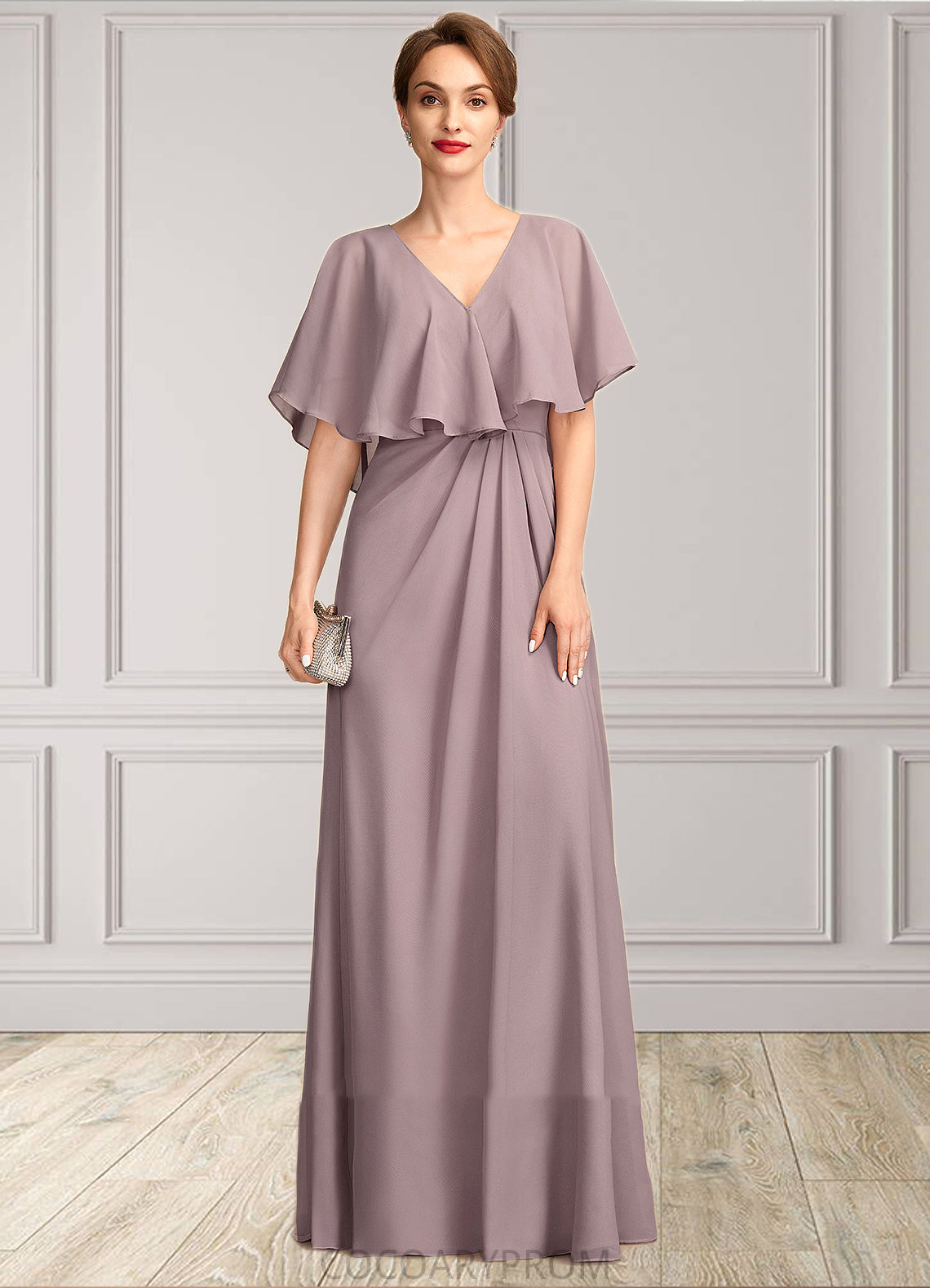 Lily A-Line V-neck Floor-Length Chiffon Mother of the Bride Dress With Ruffle DA8126P0015026