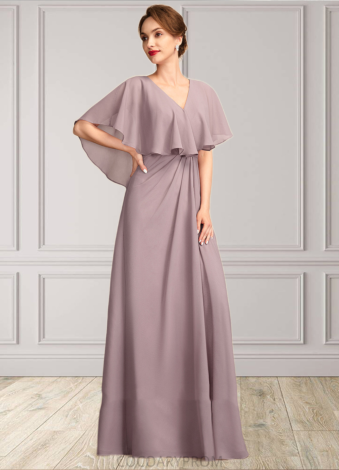 Lily A-Line V-neck Floor-Length Chiffon Mother of the Bride Dress With Ruffle DA8126P0015026