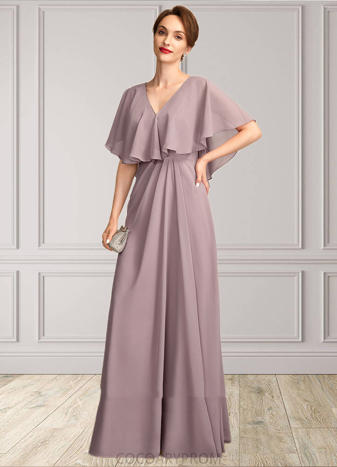 Lily A-Line V-neck Floor-Length Chiffon Mother of the Bride Dress With Ruffle DA8126P0015026