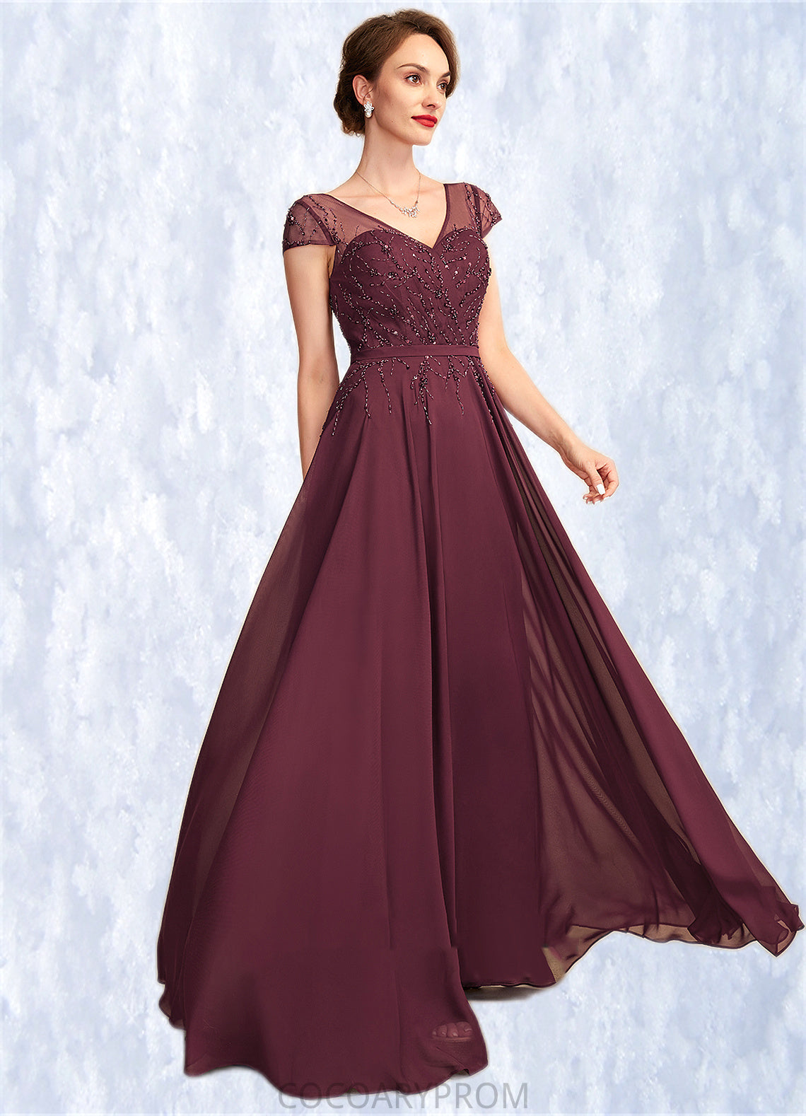 Mylie A-Line V-neck Floor-Length Chiffon Mother of the Bride Dress With Beading Sequins DA8126P0015028