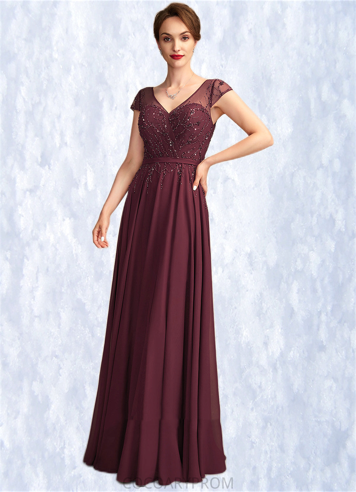 Mylie A-Line V-neck Floor-Length Chiffon Mother of the Bride Dress With Beading Sequins DA8126P0015028