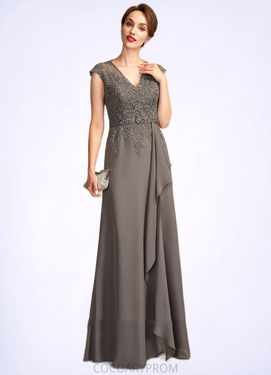 Kyla A-Line V-neck Floor-Length Chiffon Lace Mother of the Bride Dress With Beading Sequins Cascading Ruffles DA8126P0015030